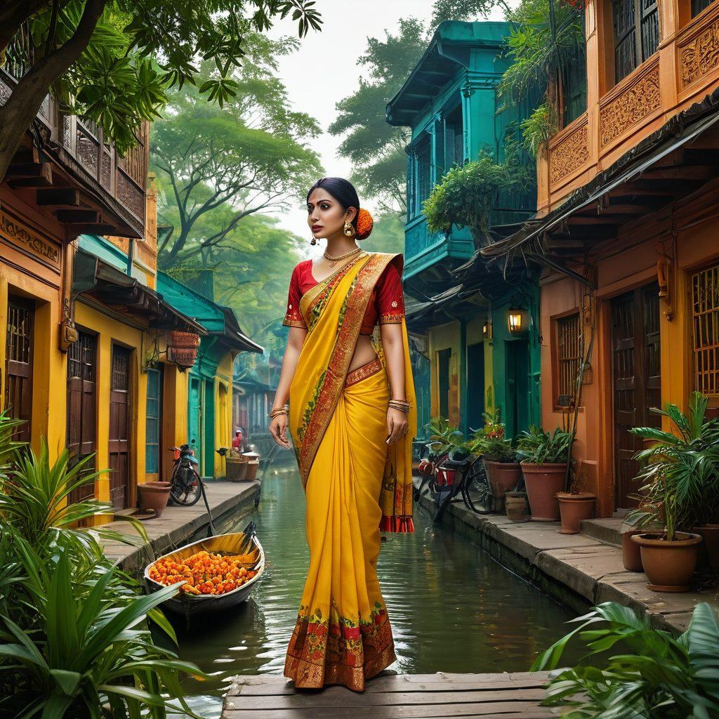 A vibrant scene showcasing a blend of traditional Bengali motifs with modern animation elements, featuring characters inspired by manga style, animated in dynamic poses. Incorporate iconic Bengali symbols like the beautiful Sunderbans, traditional attire, and a lively urban backdrop bustling with energy. The color palette should be rich and captivating, emphasizing both the allure of adult themes and the cultural heritage of Bengal. super-realistic. vibrant colors. 3D.