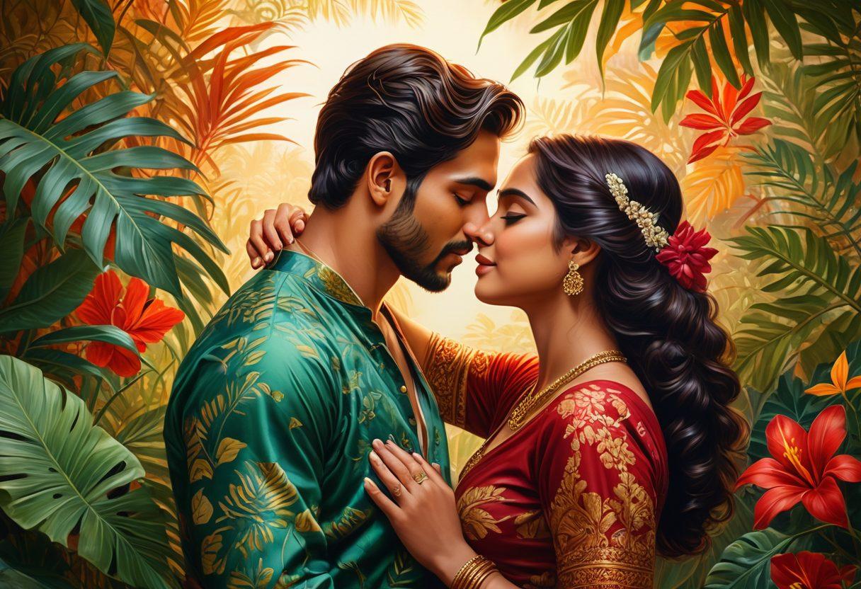 A vibrant and intricate illustration showcasing traditional Bengali art styles, featuring sensual and artistic depictions of couples in intimate embraces amidst lush tropical scenery. Incorporate elements such as ornate textiles, traditional motifs, and a rich color palette that evokes passion and romance. The scene should celebrate the beauty of love and desire without being explicit. Include soft lighting that enhances the sensual ambiance. super-realistic. vivid colors.