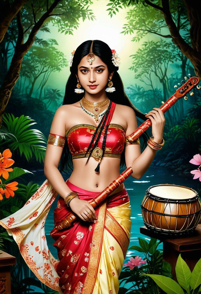 An intricate scene showcasing a fusion of traditional Bengali art and modern hentai elements, featuring vibrant colors and lush backgrounds typical of Bengal landscapes. Incorporate characters that embody the beauty of animated erotica, adorned in culturally inspired attire with intertwining floral motifs. The setting should have a dreamlike quality, with soft lighting that enhances the allure and intimacy of the scene. Include subtle references to Bengali culture, like sweets or music instruments, to enrich the context. vibrant colors. super-realistic.